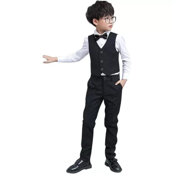 Boys Formal Suit Set 4Piece Slim Fit Dresswear Jacket Bowtie Shirt Pants for Toddler Kids Tuxedo Wedding Party OutfitBlack  Vest Set