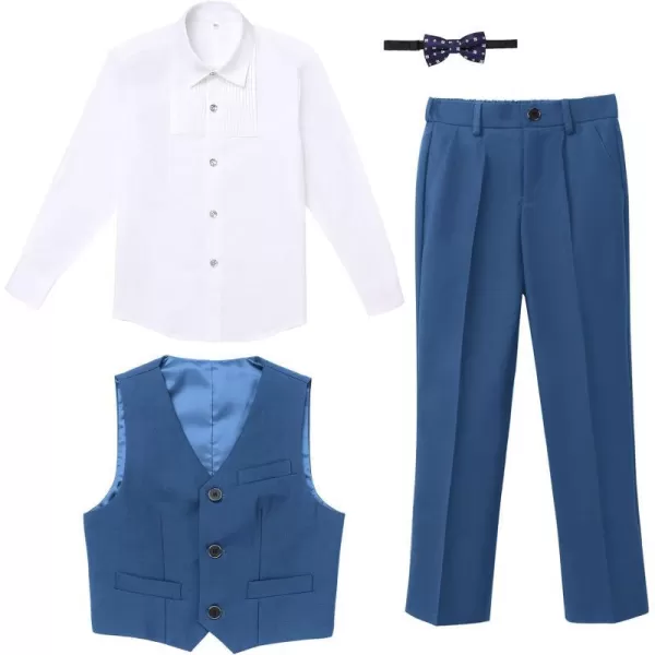 Boys Formal Suit Set 4Piece Slim Fit Dresswear Jacket Bowtie Shirt Pants for Toddler Kids Tuxedo Wedding Party OutfitBlue  Vest Set