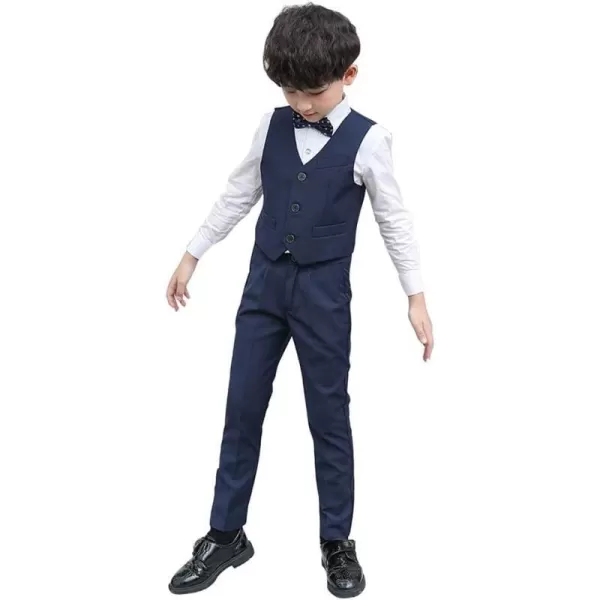 Boys Formal Suit Set 4Piece Slim Fit Dresswear Jacket Bowtie Shirt Pants for Toddler Kids Tuxedo Wedding Party OutfitNavy Blue  Vest Set