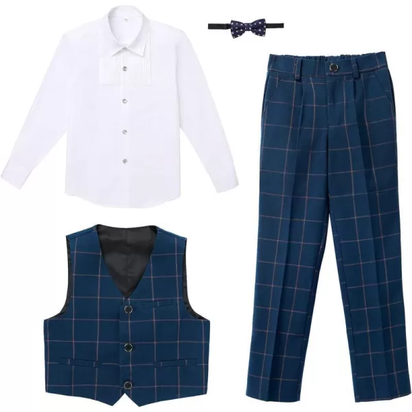 Boys Formal Suit Set 4Piece Slim Fit Dresswear Jacket Bowtie Shirt Pants for Toddler Kids Tuxedo Wedding Party OutfitNavy Blue Plaid  Vest Set