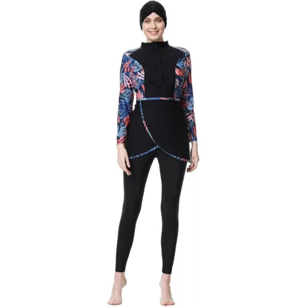 Burkini Swimsuits for Women Modest Muslim Swimsuit Islamic Long Sleeve Burkini Full Cover Hijab Top Pants Bathing SuitBlack  Blue Print