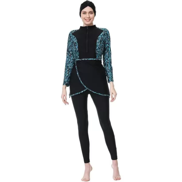 Burkini Swimsuits for Women Modest Muslim Swimsuit Islamic Long Sleeve Burkini Full Cover Hijab Top Pants Bathing SuitBlack  Green Print