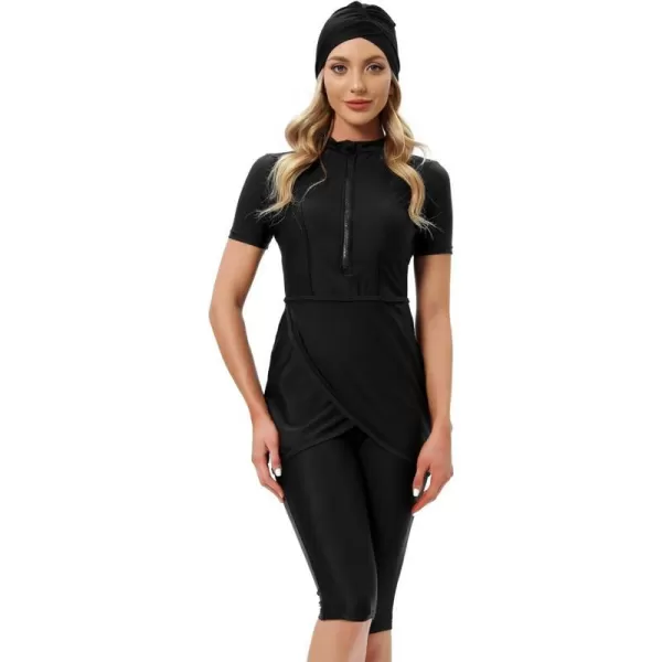 Burkini Swimsuits for Women Modest Muslim Swimsuit Islamic Long Sleeve Burkini Full Cover Hijab Top Pants Bathing SuitBlack  Short Solid