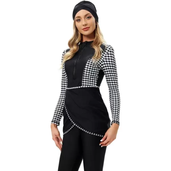 Burkini Swimsuits for Women Modest Muslim Swimsuit Islamic Long Sleeve Burkini Full Cover Hijab Top Pants Bathing SuitBlack  White Plaid