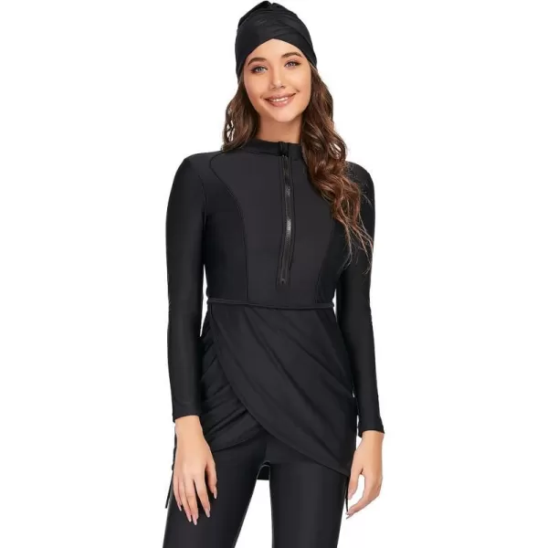 Burkini Swimsuits for Women Modest Muslim Swimsuit Islamic Long Sleeve Burkini Full Cover Hijab Top Pants Bathing SuitBlack