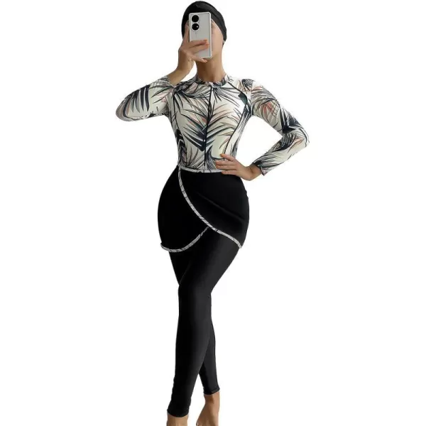 Burkini Swimsuits for Women Modest Muslim Swimsuit Islamic Long Sleeve Burkini Full Cover Hijab Top Pants Bathing SuitBlack Leaves  Pantskirt Set