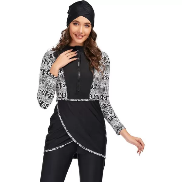 Burkini Swimsuits for Women Modest Muslim Swimsuit Islamic Long Sleeve Burkini Full Cover Hijab Top Pants Bathing SuitBlack Print