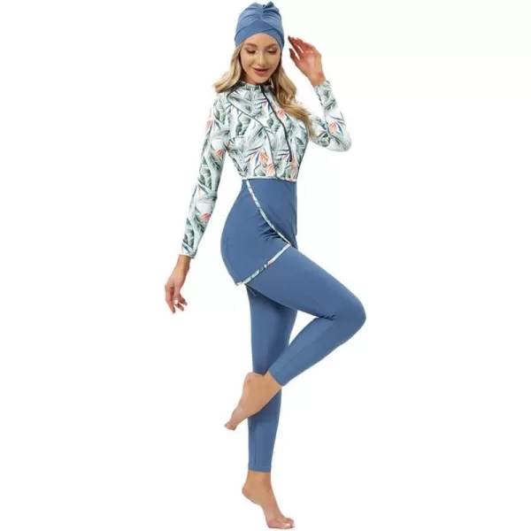 Burkini Swimsuits for Women Modest Muslim Swimsuit Islamic Long Sleeve Burkini Full Cover Hijab Top Pants Bathing SuitBlue  Green Leaves