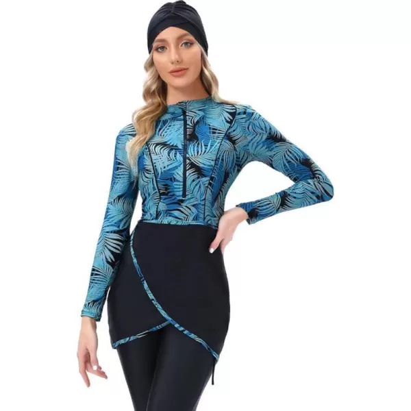 Burkini Swimsuits for Women Modest Muslim Swimsuit Islamic Long Sleeve Burkini Full Cover Hijab Top Pants Bathing SuitBlue Palmetto Leaf