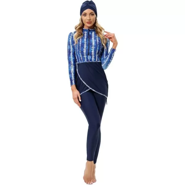 Burkini Swimsuits for Women Modest Muslim Swimsuit Islamic Long Sleeve Burkini Full Cover Hijab Top Pants Bathing SuitBlue Striped Print