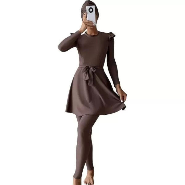 Burkini Swimsuits for Women Modest Muslim Swimsuit Islamic Long Sleeve Burkini Full Cover Hijab Top Pants Bathing SuitBrown  Dress Set