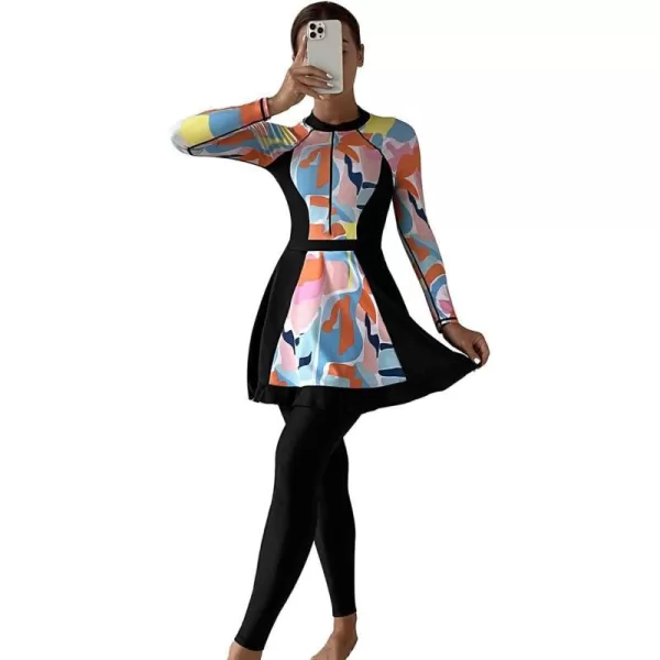 Burkini Swimsuits for Women Modest Muslim Swimsuit Islamic Long Sleeve Burkini Full Cover Hijab Top Pants Bathing SuitColorful Print  Dress Set