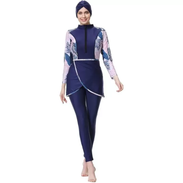 Burkini Swimsuits for Women Modest Muslim Swimsuit Islamic Long Sleeve Burkini Full Cover Hijab Top Pants Bathing SuitDark Blue  Pink Floral