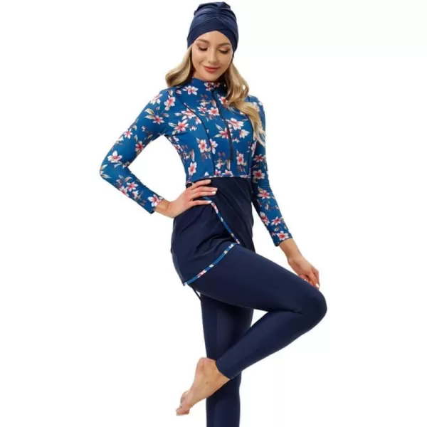 Burkini Swimsuits for Women Modest Muslim Swimsuit Islamic Long Sleeve Burkini Full Cover Hijab Top Pants Bathing SuitDark Blue Floral