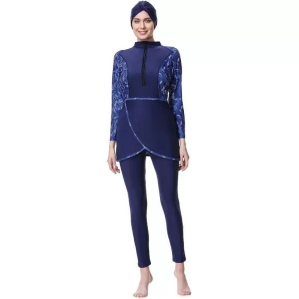 Burkini Swimsuits for Women Modest Muslim Swimsuit Islamic Long Sleeve Burkini Full Cover Hijab Top Pants Bathing SuitDark Blue Print