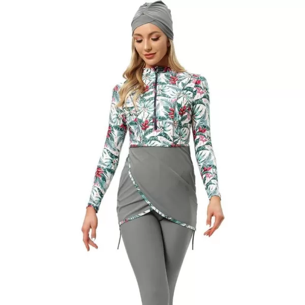 Burkini Swimsuits for Women Modest Muslim Swimsuit Islamic Long Sleeve Burkini Full Cover Hijab Top Pants Bathing SuitGray  Floral