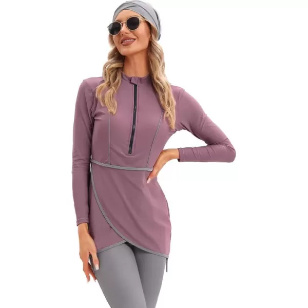 Burkini Swimsuits for Women Modest Muslim Swimsuit Islamic Long Sleeve Burkini Full Cover Hijab Top Pants Bathing SuitLight Purple  Gray