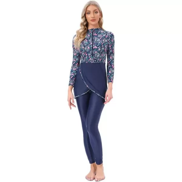 Burkini Swimsuits for Women Modest Muslim Swimsuit Islamic Long Sleeve Burkini Full Cover Hijab Top Pants Bathing SuitNavy Blue  Pink Floral