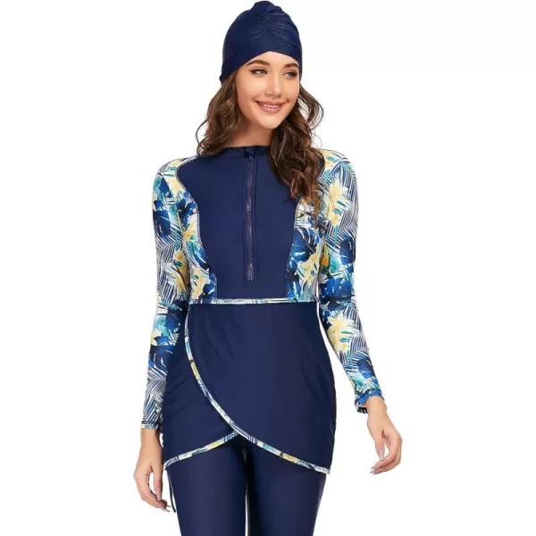 Burkini Swimsuits for Women Modest Muslim Swimsuit Islamic Long Sleeve Burkini Full Cover Hijab Top Pants Bathing SuitRoyal Blue Floral