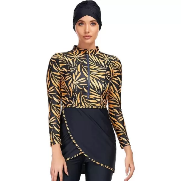 Burkini Swimsuits for Women Modest Muslim Swimsuit Islamic Long Sleeve Burkini Full Cover Hijab Top Pants Bathing SuitYellow  Leaves