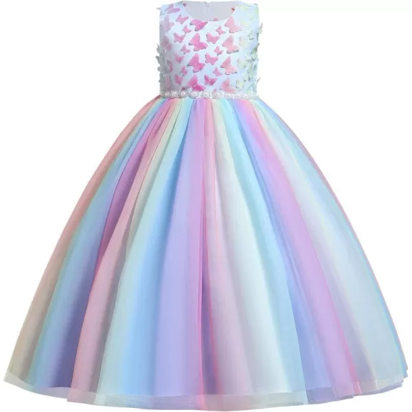 Butterfly Flower Girl Dress for Kids Wedding Bridesmaid Pageant Formal Party Maxi Gown Princess Communion Tulle DressesRainbow Blue