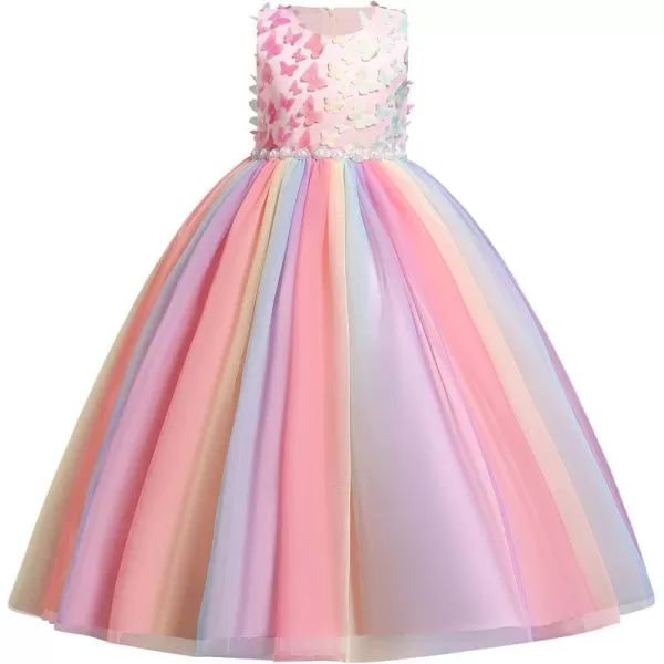 Butterfly Flower Girl Dress for Kids Wedding Bridesmaid Pageant Formal Party Maxi Gown Princess Communion Tulle DressesRainbow Pink