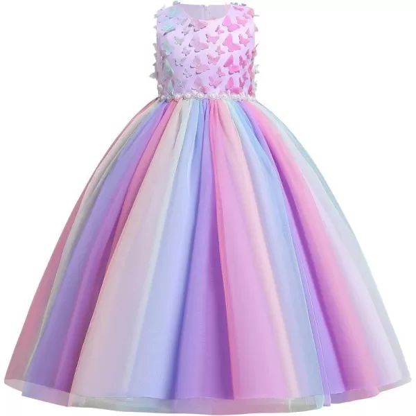 Butterfly Flower Girl Dress for Kids Wedding Bridesmaid Pageant Formal Party Maxi Gown Princess Communion Tulle DressesRainbow Purple