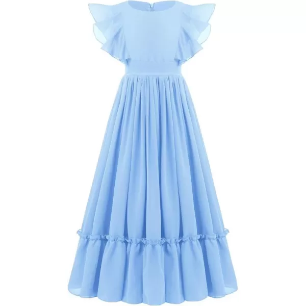 Chiffon Flower Girl Dresses Flutter Sleeves Junior Bridesmaid Dress for Kids Wedding Pageant Party Princess Maxi GownsLight Blue