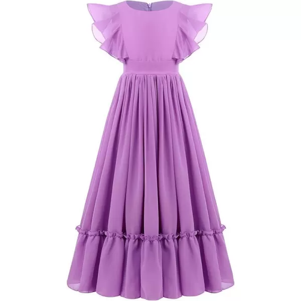 Chiffon Flower Girl Dresses Flutter Sleeves Junior Bridesmaid Dress for Kids Wedding Pageant Party Princess Maxi GownsPurple