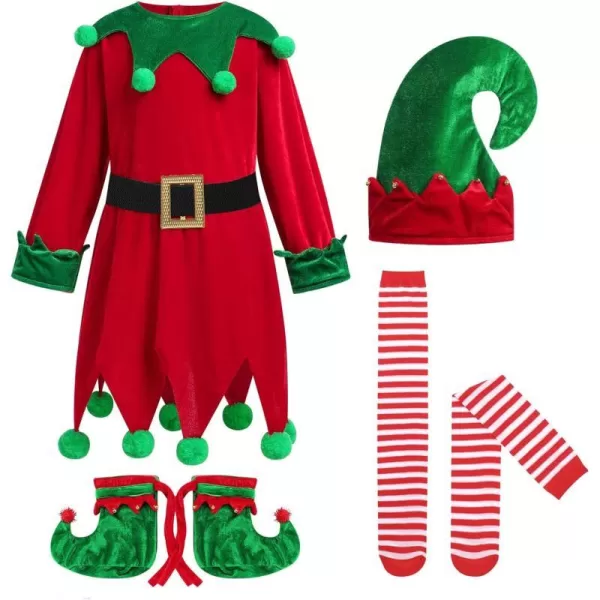 Christmas Elf Costume for Kids Girls Santa Elf Dress up Cosplay Xmas Suit Festival Outfit with Dress Belt Hat Socks SetRed  Green