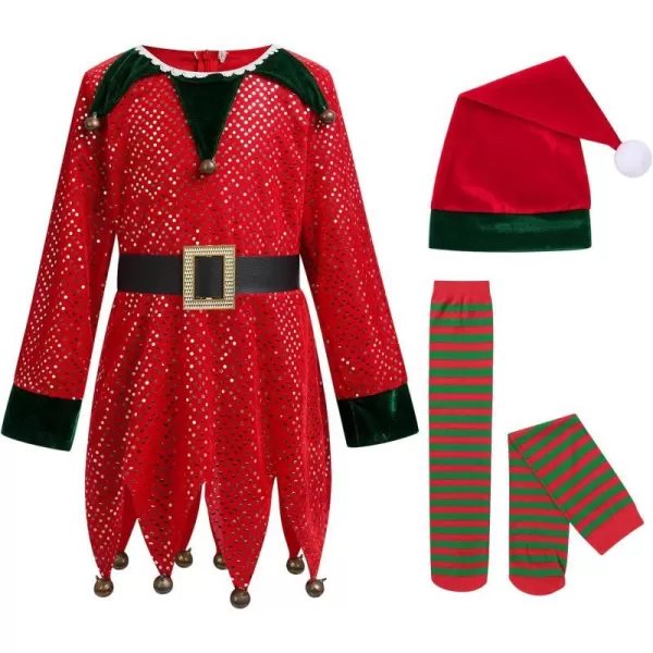 Christmas Elf Costume for Kids Girls Santa Elf Dress up Cosplay Xmas Suit Festival Outfit with Dress Belt Hat Socks SetRed