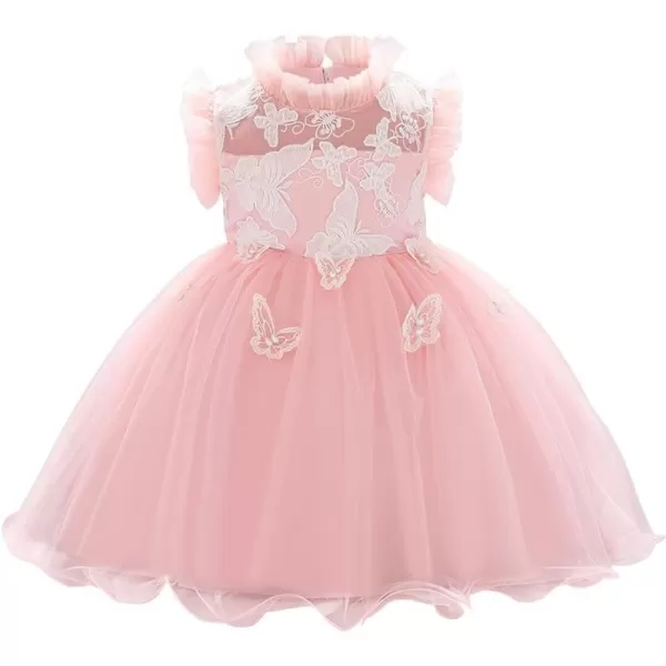 Flower Girl Butterfly Ruffle Tutu Dress for Infant Baby Christening Baptism Formal Wedding Birthday Party Tulle DressesPink