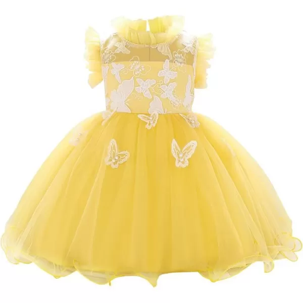 Flower Girl Butterfly Ruffle Tutu Dress for Infant Baby Christening Baptism Formal Wedding Birthday Party Tulle DressesYellow