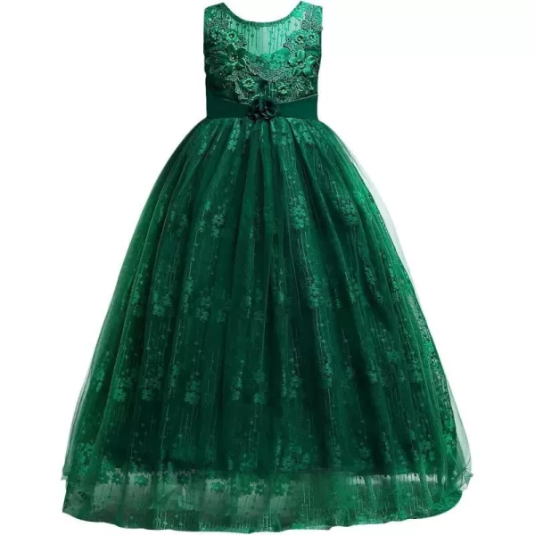 Flower Girl Embroidery Beaded Lace Princess Pageant Long Dress Maxi Tulle Gown Kids Prom Wedding Bridesmaid DressesGreen