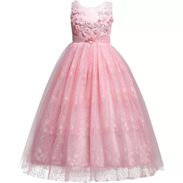 Flower Girl Embroidery Beaded Lace Princess Pageant Long Dress Maxi Tulle Gown Kids Prom Wedding Bridesmaid DressesPink