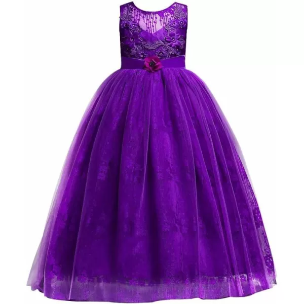 Flower Girl Embroidery Beaded Lace Princess Pageant Long Dress Maxi Tulle Gown Kids Prom Wedding Bridesmaid DressesPurple