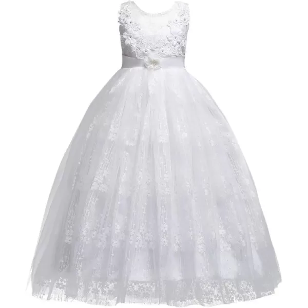 Flower Girl Embroidery Beaded Lace Princess Pageant Long Dress Maxi Tulle Gown Kids Prom Wedding Bridesmaid DressesWhite