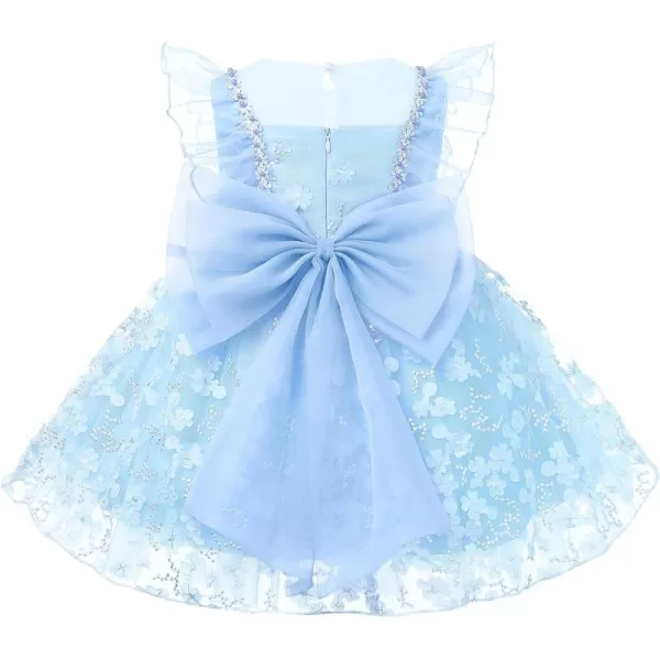 Flower Girl Flutter Bowknot Tutu Dress for Infant Baby Christening Baptism Formal Wedding Birthday Party Tulle DressesBlue