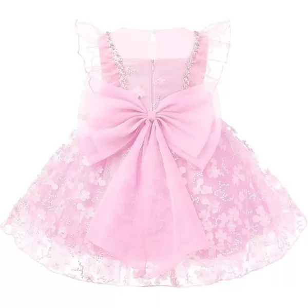 Flower Girl Flutter Bowknot Tutu Dress for Infant Baby Christening Baptism Formal Wedding Birthday Party Tulle DressesPink