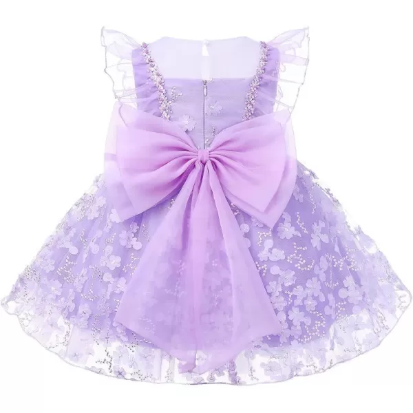 Flower Girl Flutter Bowknot Tutu Dress for Infant Baby Christening Baptism Formal Wedding Birthday Party Tulle DressesPurple