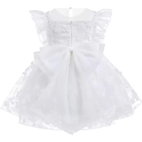 Flower Girl Flutter Bowknot Tutu Dress for Infant Baby Christening Baptism Formal Wedding Birthday Party Tulle DressesWhite