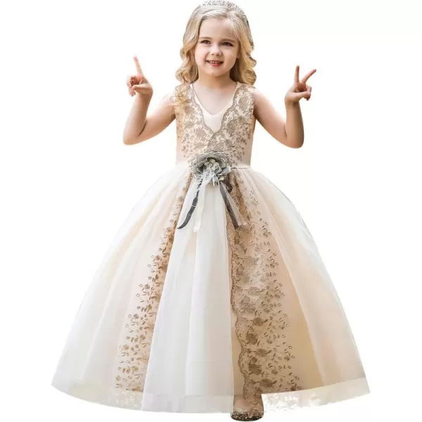 Flower Girl Lace Dress for Kids Wedding Bridesmaid Pageant Party Formal Gown Princess Communion Tulle VBack DressesChampagne