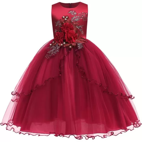 Flower Girl Lace Dress for Kids Wedding Bridesmaid Pageant Party Formal Gown Princess Communion Tulle VBack DressesDark Red  Flower