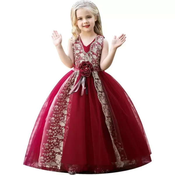 Flower Girl Lace Dress for Kids Wedding Bridesmaid Pageant Party Formal Gown Princess Communion Tulle VBack DressesDark Red