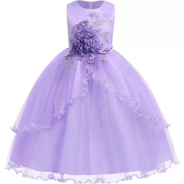 Flower Girl Lace Dress for Kids Wedding Bridesmaid Pageant Party Formal Gown Princess Communion Tulle VBack DressesPurple  Flower