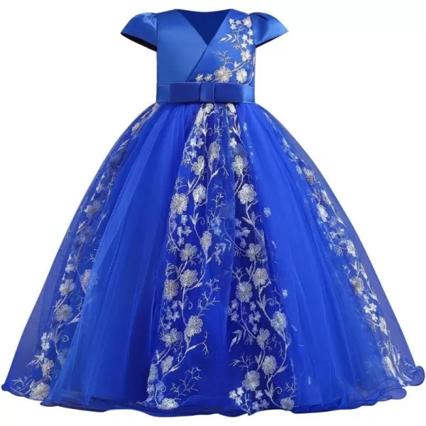 Flower Girl Lace Dress for Kids Wedding Bridesmaid Pageant Party Formal Gown Princess Communion Tulle VBack DressesRoyal Blue  Cap Sleeve