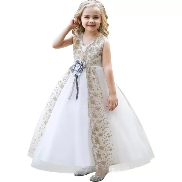 Flower Girl Lace Dress for Kids Wedding Bridesmaid Pageant Party Formal Gown Princess Communion Tulle VBack DressesWhite