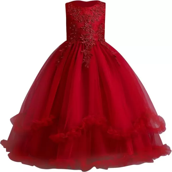 Flower Girl Lace Dress for Kids Wedding Bridesmaid Pageant Party Formal Long Gown 1st Communion Ruffle Tulle DressesDark Red  Ruffle