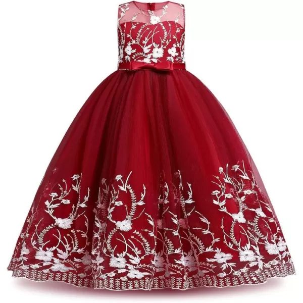 Flower Girl Lace Dress for Kids Wedding Bridesmaid Pageant Party Formal Long Gown First Communion Sequin Tulle DressesDark Red