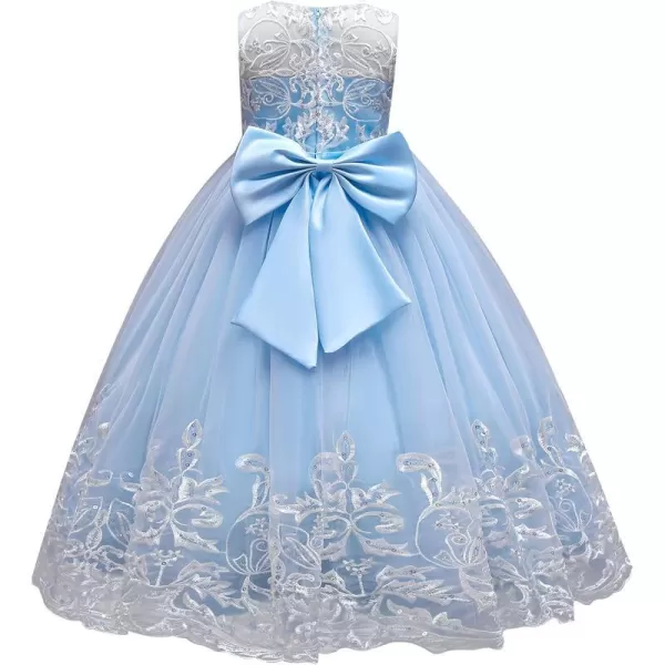 Flower Girl Lace Dress for Kids Wedding Bridesmaid Pageant Party Formal Long Gown Princess Communion Tulle Bow DressesBlue